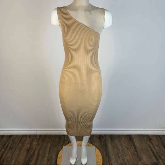 Elegant One-Shoulder Ribbed Dress in Beige XS - Picture 1 of 11